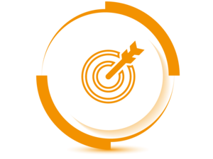Ein rundes oranges Symbol zeigt in seiner Mitte einen Pfeil, der eine Zielscheibe in der Mitte getroffen hat.